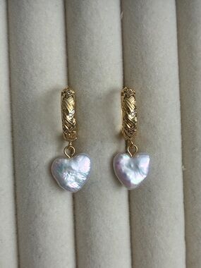 Gold Huggie Earrings with Iridescent Heart Pearl Drops